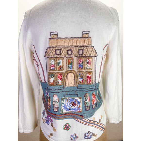 Vintage Beaded Crew Neck Button-Up Floral Long Sleeve Light Weight Cardigan - Picture 5 of 11